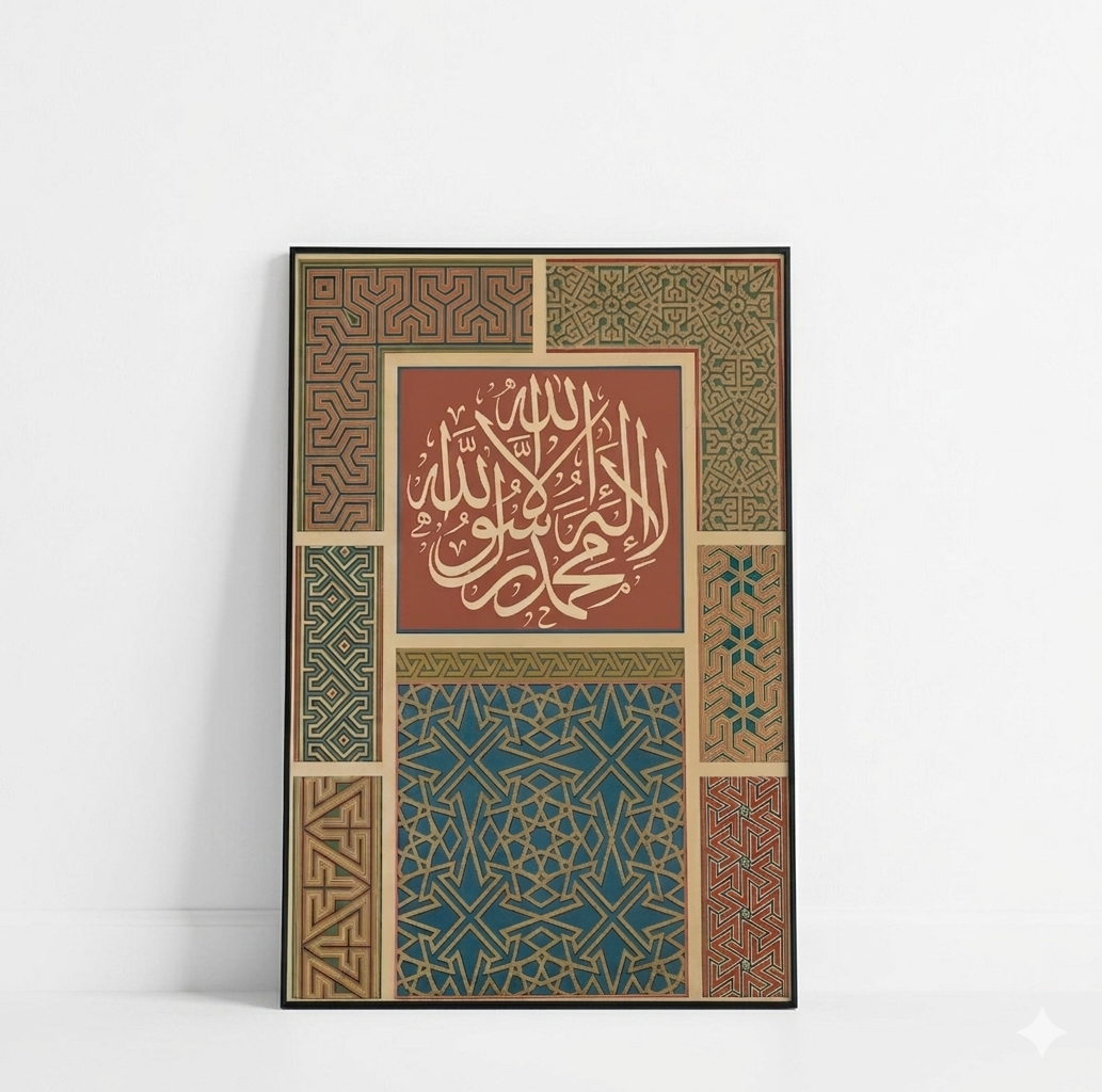 Decorative wall art with geometric patterns and Arabic calligraphy on a white background